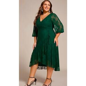 Ever-pretty N Neck Lace Green formal midi dress long sleeve Sz 18 Holiday Party